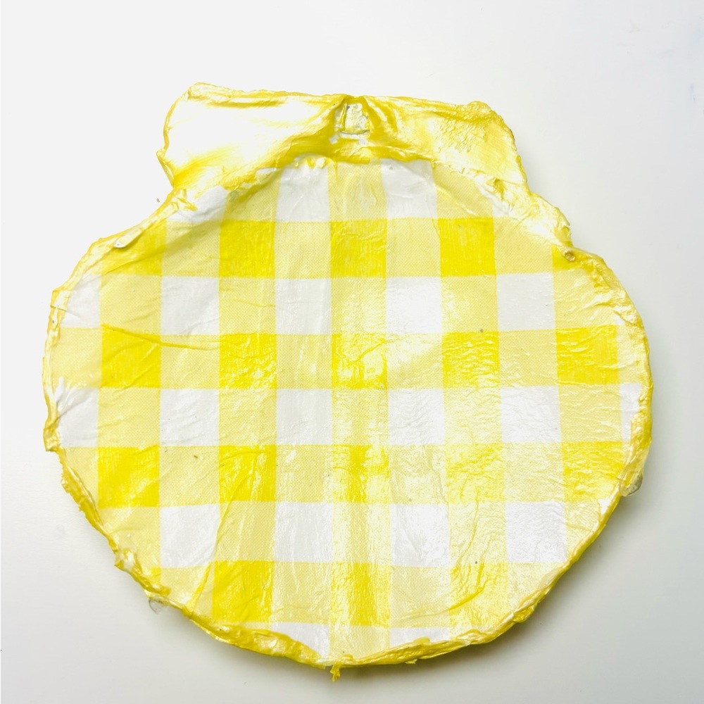 Handmade Scallop Shell Trinket Dish w/ Yellow Gingham Decoupage Design - Picture 2 of 3